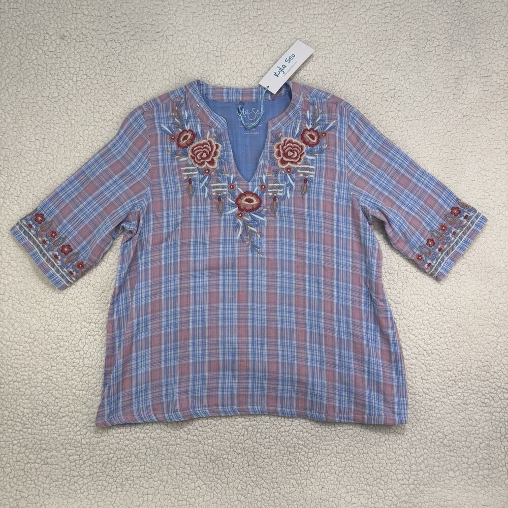 NWT Kyla Seo Alicia Top Size Small Embroidered Floral Blue Plaid Handmade Cotton